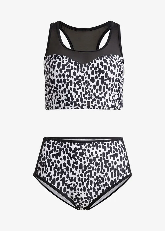 Bikini bustier (conjunto de 2 piezas) de poliamida reciclada con compartimentos para prótesis blanco/negro topos
